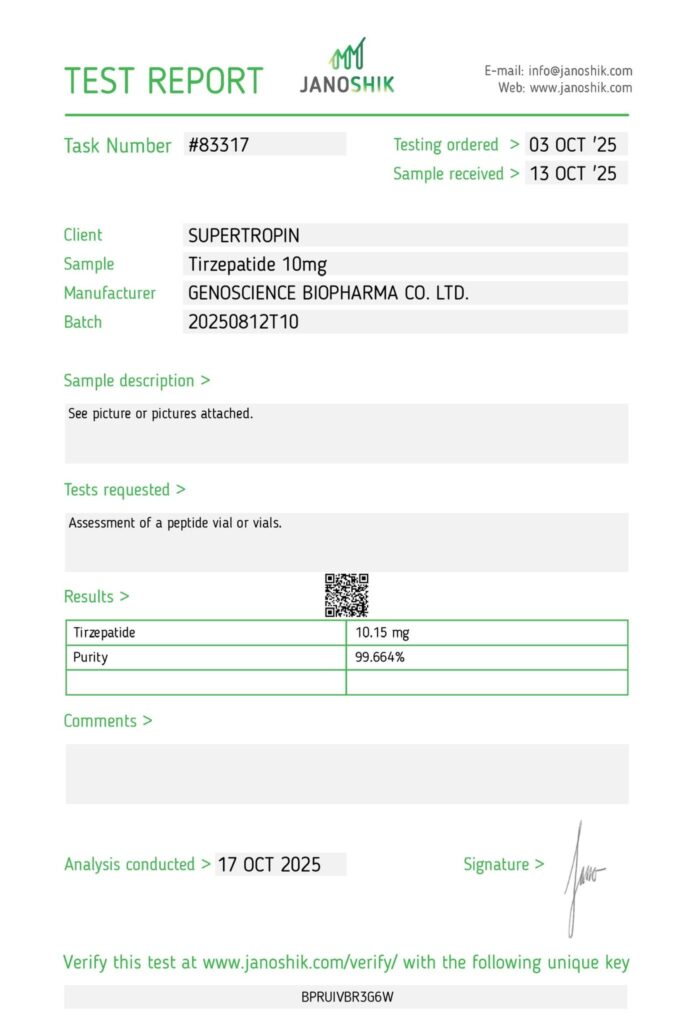 Tirzepatide 10mg Research Peptide with 99% Purity and COA Report by Janoshik