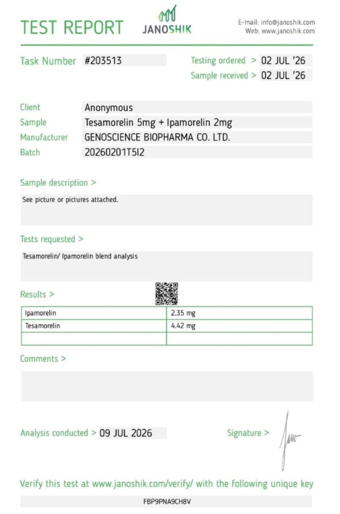 Tesamorlin and Ipamorelin Peptides for Sale Online with 3rd Party Testing and COA at Genoscience