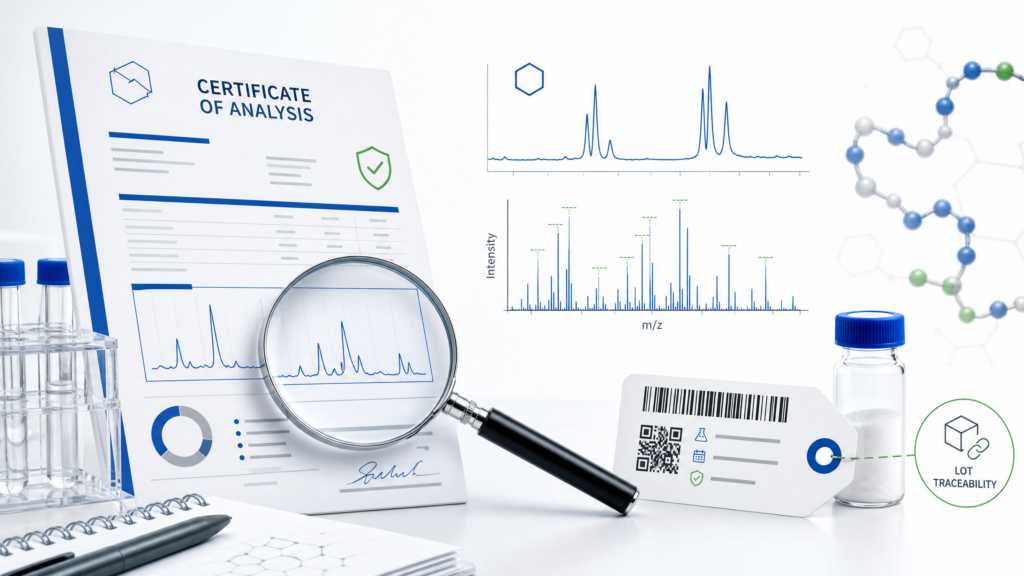 Scientific editorial illustration of a research peptide Certificate of Analysis, identity testing, and batch traceability workflow.