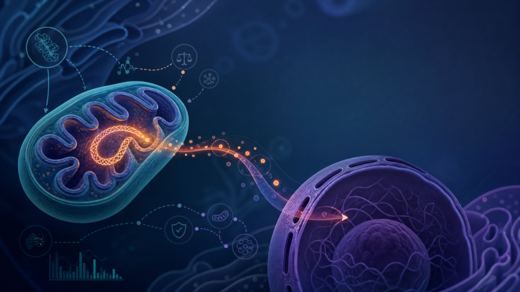 Scientific editorial illustration of MOTS-c mitochondrial signaling, cellular stress, and research pathways.