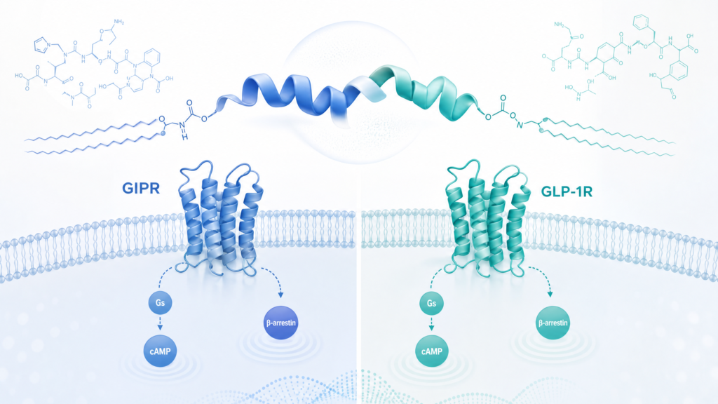 Scientific editorial illustration of tirzepatide receptor biology and laboratory research pathways.